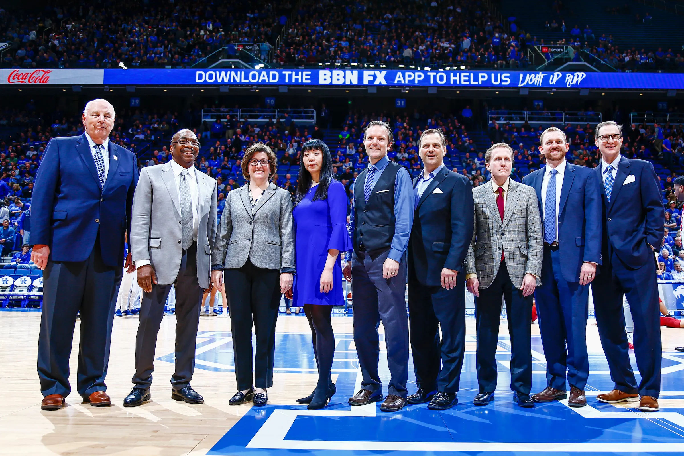 The Great Teachers were honored at Rupp Arena. (Left to right) J. Fritz Skeen, Melvin Coffee, Margaret Rintamaa, Wendy Liu, Michael D. Toland, Gregory Luhan, Charles Hazle Jr., Will Nash and Tim Walsh.