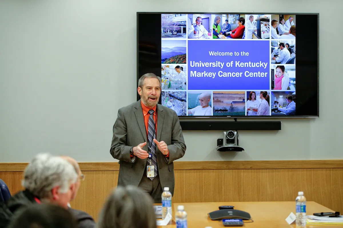 Dr. Doug Lowy addresses Markey faculty during presentations Monday morning.