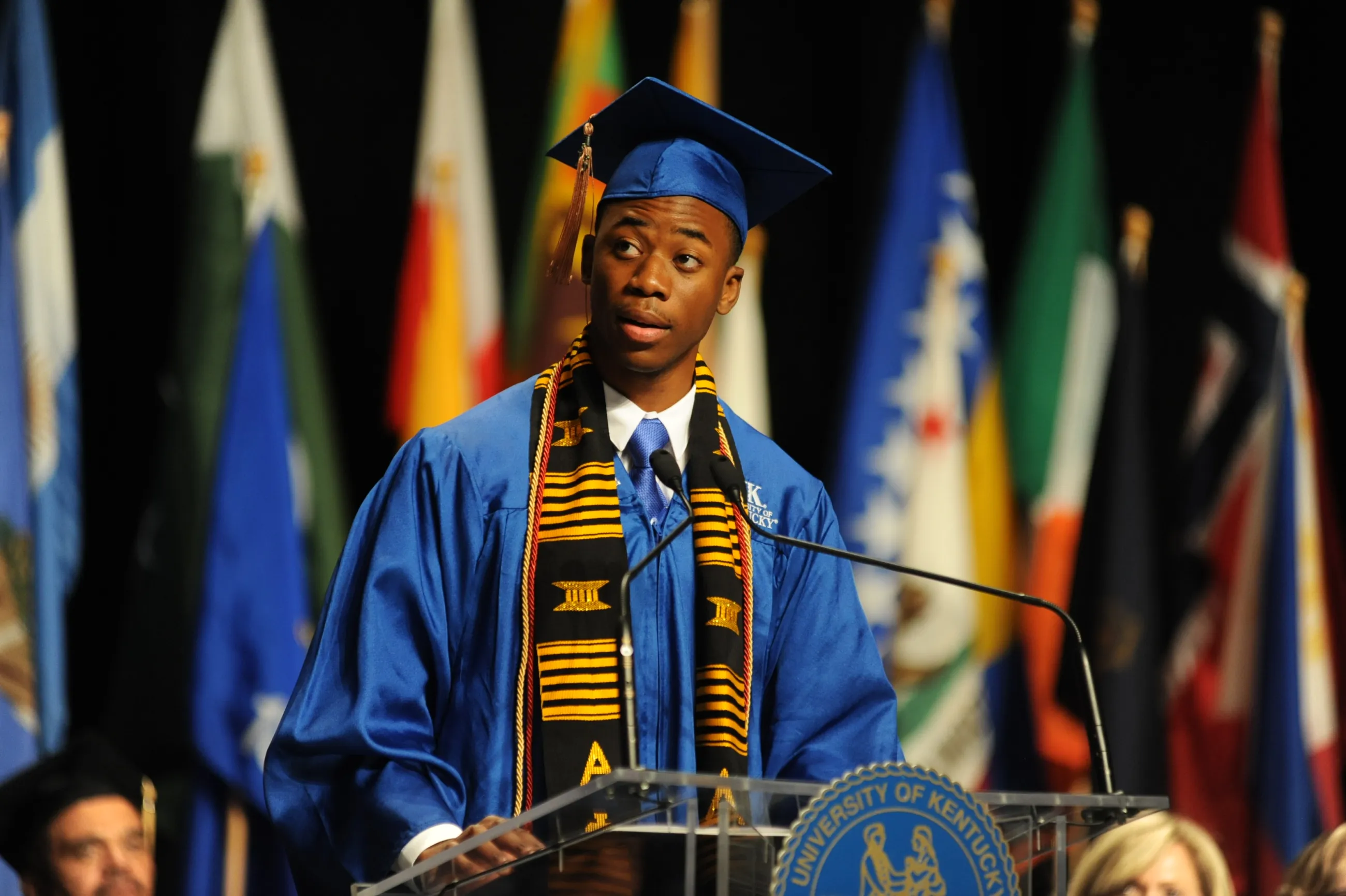 Jared Scott speaks at the May 2016 Commencement ceremony.