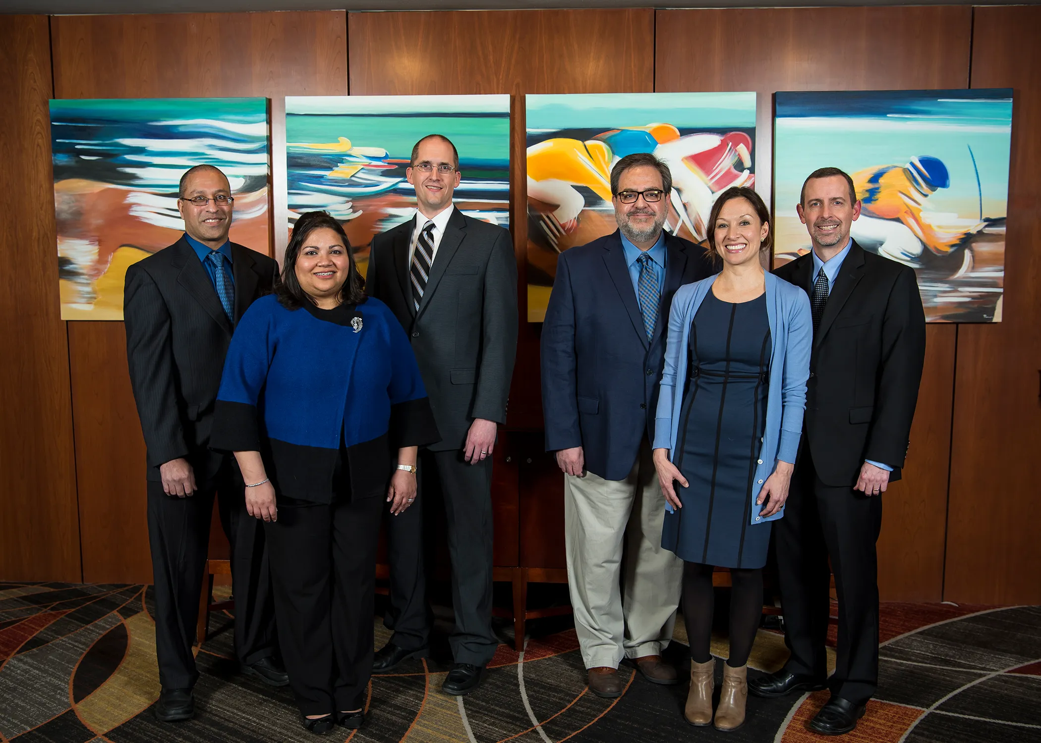 The 2017 Great Teachers (L-R) Sherali Zeadally, Gitanjali Pinto-Sinai, Nathan Vanderford, Richard Andreatta, Michelle Sizemore, Jeff Reese. Photo by Tim Webb.