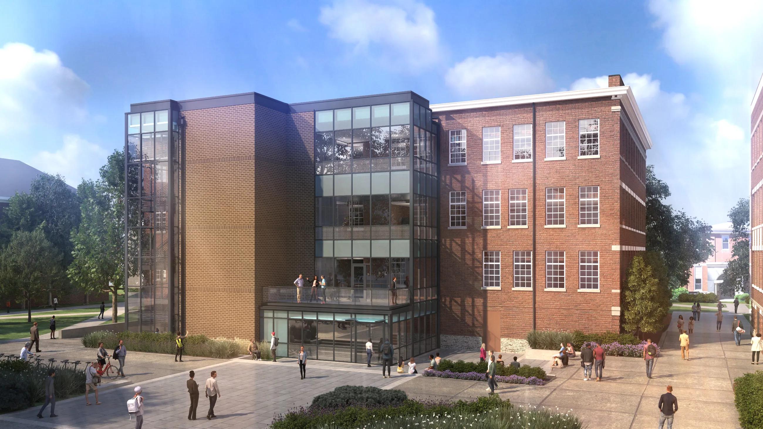 The back of Pence Hall will be transformed into a new, modern entryway featuring a balcony, outdoor learning/gathering space and improved accessibility for all. 