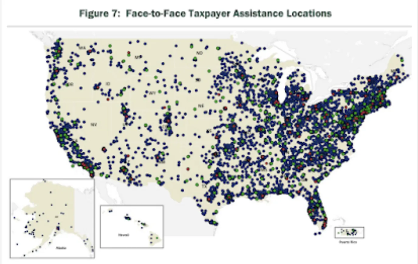 TIGTA analysis of IRS TAC, VITA, TCI and LITC locations and SSA shared office space by zip code.