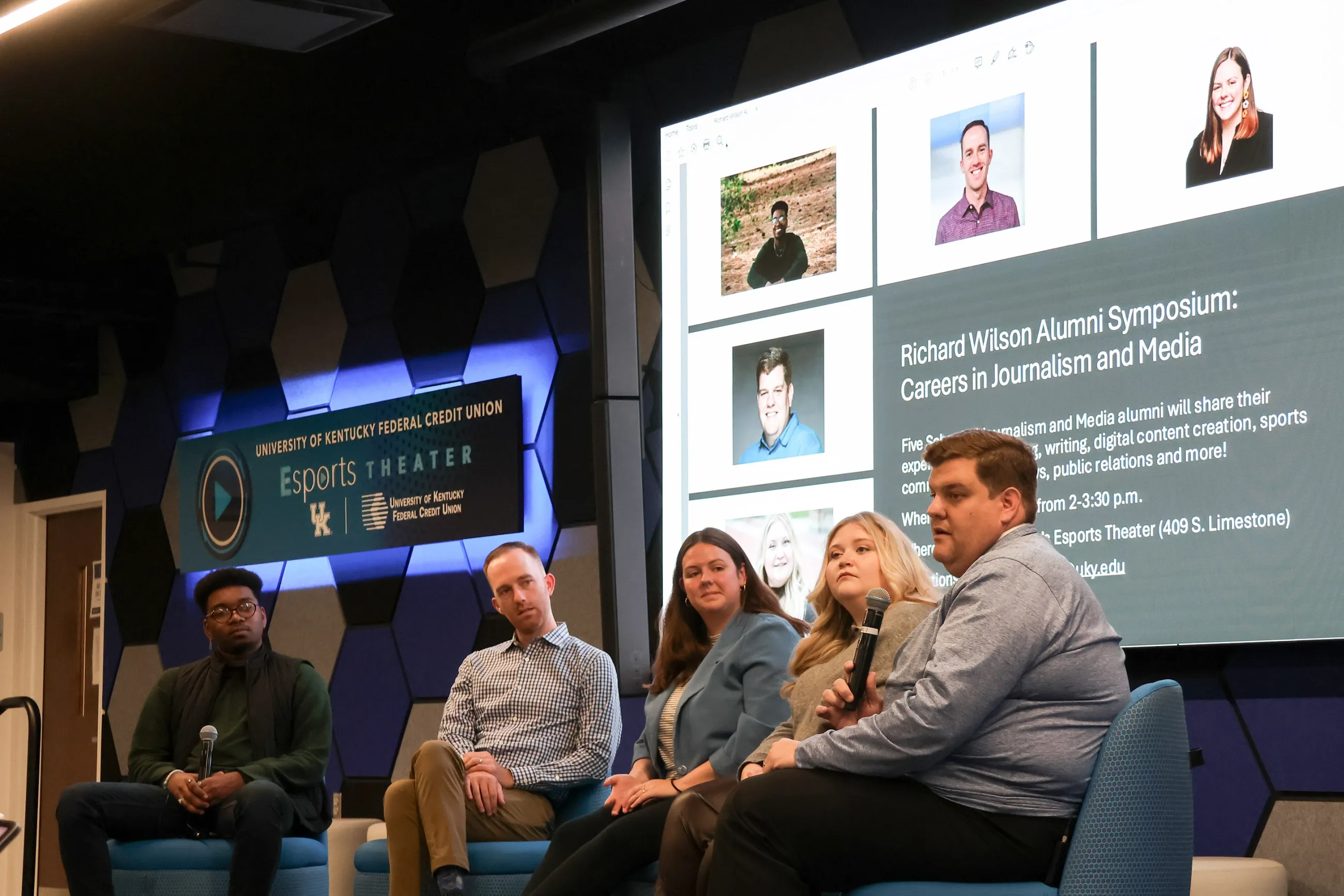 Left to right: Reese Fleming, David Schuh, Bailey Vandiver, McKenna Horsley and Evan Crane were alumni feature at the 2024 Richard Wilson Alumni Symposium. Photo by Kaci McCarthy.