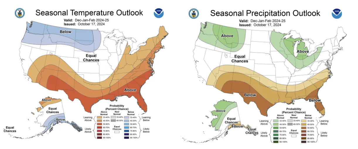 The 2024-2025 winter outlook map shows the greatest chances for cooler conditions in the Pacific Northwest. (NOAA map via Dovers)