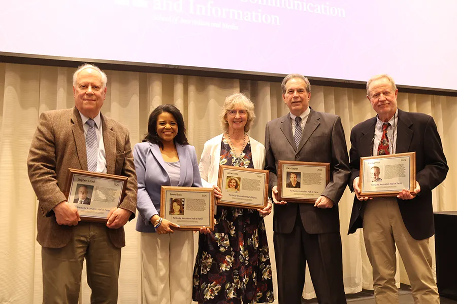  The 2025 Journalism Hall of Fame inductees. Pictured left to right: Stephen Ford, Renee Shaw, Jamie Lucke, Dick Gabriel and Ron Garrison. Photo by Reese Durham.