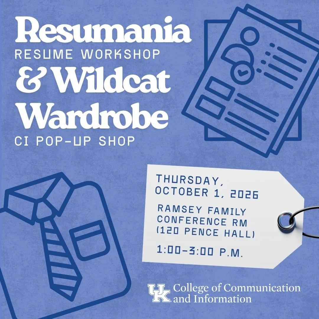 Resumania resume workshop and Wildcat Wardrobe Pop-Up Shop. Event is Thursday, Oct. 1 in 120 Pence Hall from 1 p.m. to 3 p.m.