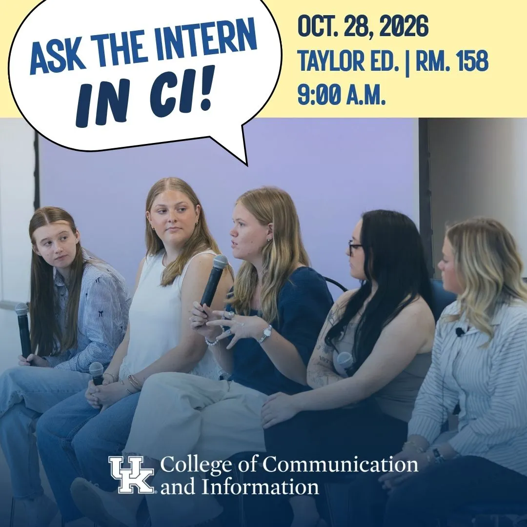 Ask the Intern in CI yellow and blue promotional graphic with comic bubble element. Event details: Wednesday, Oct. 28 at 9 a.m. in Taylor Education Building Rm. 158
