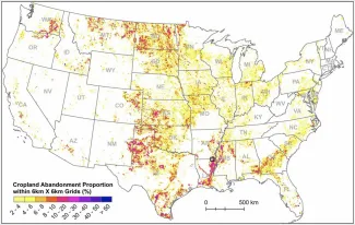 A map showing the percentage of abandoned farmland within a 36-square-kilometer area. (University of Wisconsin graph)