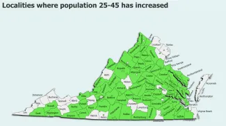 This map shows where age 25-45 population has increased from 2020 to 2023. (Map by H. Lombard, from Census Bureau data)