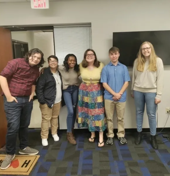 UK Public Forum Debate Team members (left to right): Cole Flaherty, Bryson Henson, Eriel Burns, Katie Humphries (PF Debate Coach), Caleb Waters, Caroline Koontz.