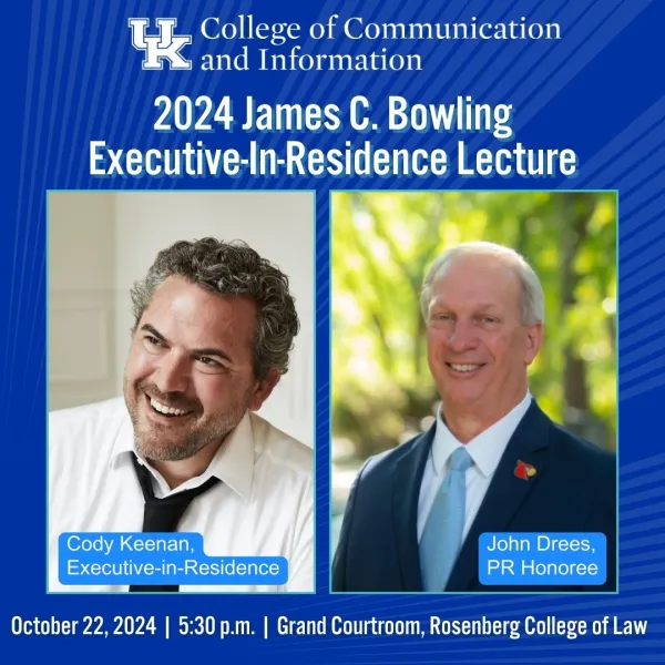 The 2024 James C. Bowling Executive-in-Residence Lecture will take place at 5:30 p.m. Oct. 22, in the Grand Courtroom of the Rosenberg College of Law.