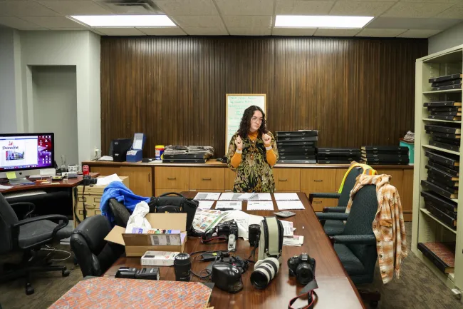 Cynthiana Democrat Regional Editor Kendall Staton works on the layout of the weekly printed newspaper on Tuesday, Jan. 23, 2024, at the Democrat office in Cynthiana, Kentucky. Staton is one of the youngest newspaper editor’s in the country. Photo by Abbey Cutrer.