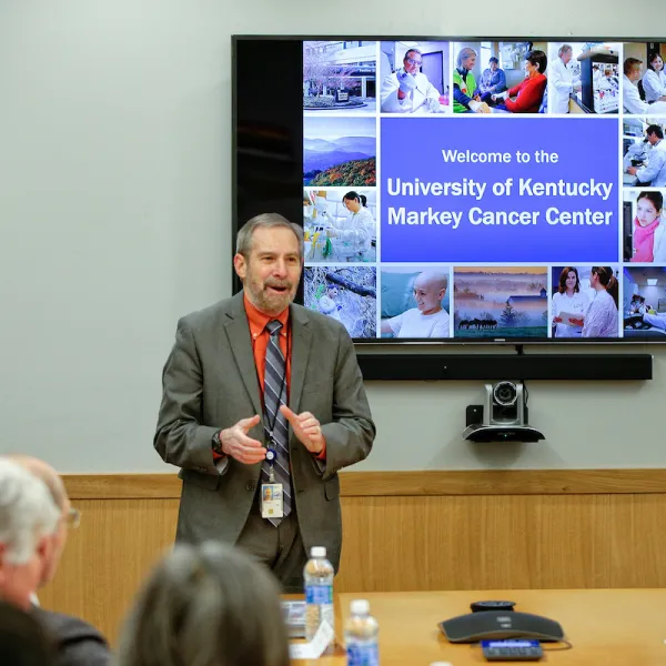 Dr. Doug Lowy addresses Markey faculty during presentations Monday morning.