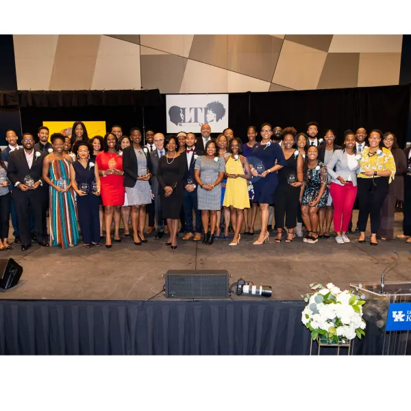 The 29th annual Lyman T. Johnson Torch of Excellence Awards Banquet was held Oct. 11 at the Gatton Student Center. Winners posed for a photo after the ceremony. Pete Comparoni | UK Photo.