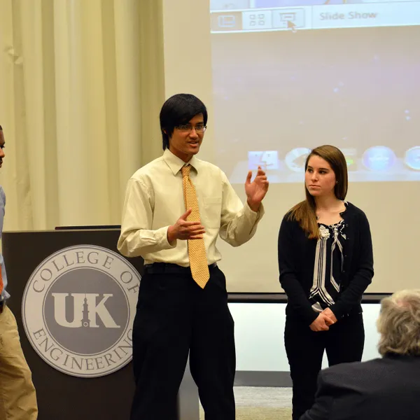 UK students pitch their ideas to a panel of entrepreneurs from the Lexington community who evaluate their presentations as potential investors would.