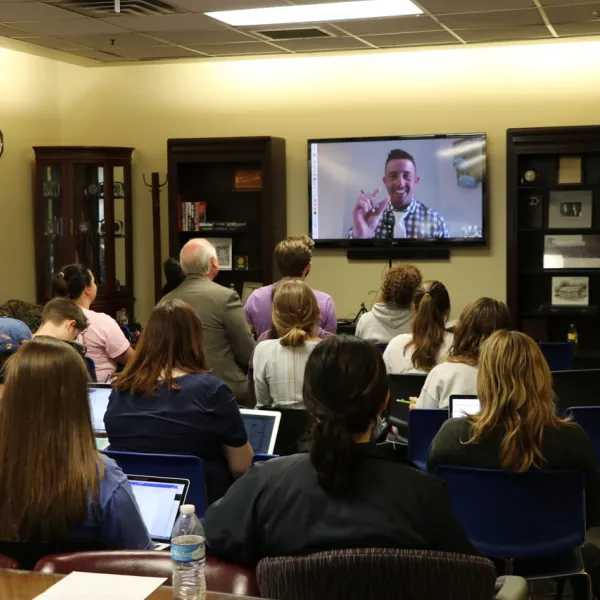 Beau Loendorf, event coordinator for the Grammy-award winning rock band Chicago, Skyped with UK ISC students in their event planning class.