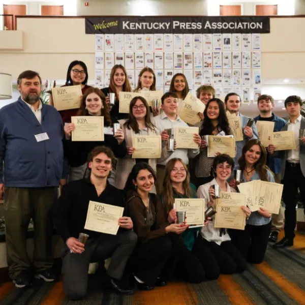  The Kentucky Kernel staff poses with its awards from the Kentucky Press Association News Excellence awards on Friday, Jan. 26, 2024, at the Holiday Inn University Plaza in Bowling Green, Kentucky. Photo by David Stephenson.