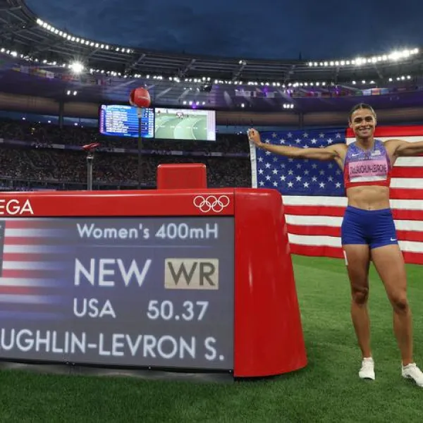 Sydney McLaughlin-Levrone repeated as 400-meter hurdles gold medalist in world-record time in Paris. Photo by Getty Images.