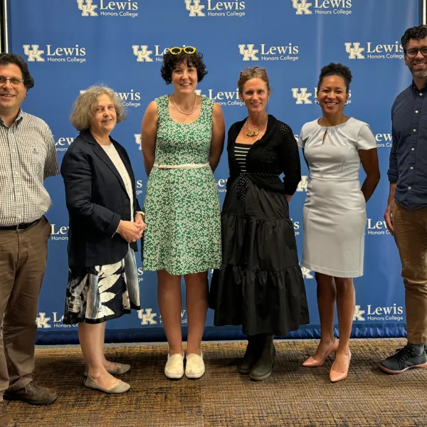 The six professors selected as Lewis Honors College’s inaugural Faculty Fellows are, from left, Marcelo Guzman, Abigail Firey, Elizabeth Williams, Liz Swanson, Devyn Spence Benson and Joe Martin. Photo by Adrienne Clarke.