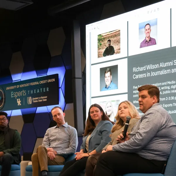 Left to right: Reese Fleming, David Schuh, Bailey Vandiver, McKenna Horsley and Evan Crane were alumni feature at the 2024 Richard Wilson Alumni Symposium. Photo by Kaci McCarthy.