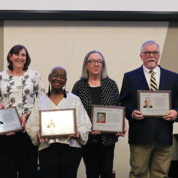 2024 Inductees pictured left to right: Sheldon Shafer (represented by two of his former coworkers), Betty Winston Bayé, Deborah Taylor Givens, Paul Prather and Peter Baniak. Not pictured: Elizabeth “Scoobie” Ryan, Kyle Vance (awarded posthumously)