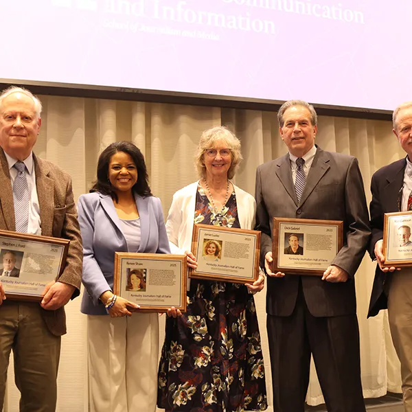  The 2025 Journalism Hall of Fame inductees. Pictured left to right: Stephen Ford, Renee Shaw, Jamie Lucke, Dick Gabriel and Ron Garrison. Photo by Reese Durham.